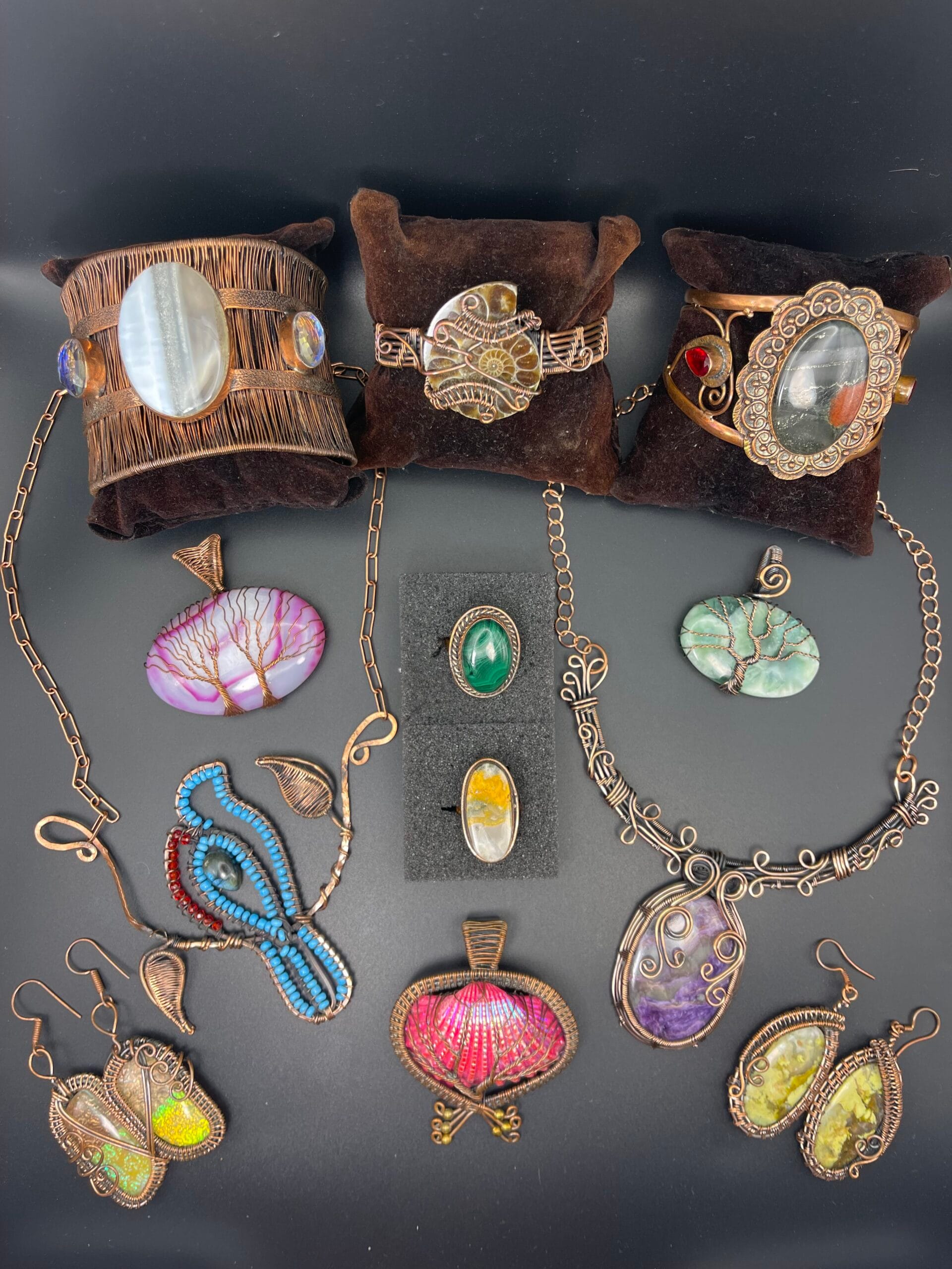 Aurora Artisan Jewelllery Copper Jewellery Collection Selection of Handmade Copper Bangles Earrings Necklaces Pendants Rings with Semi Precious Gemstones Crystals scaled