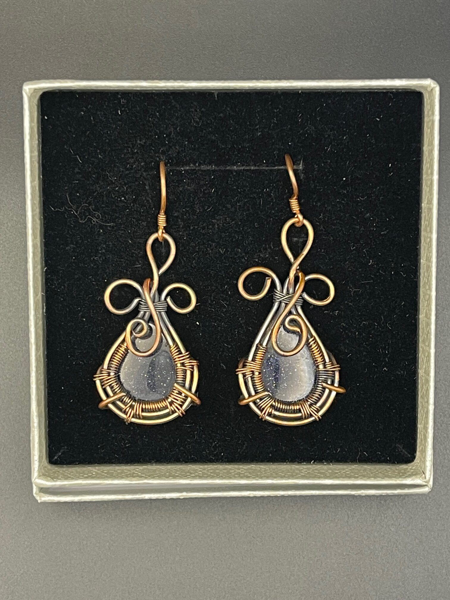 Blue Goldstone Hand Wrapped Copper Wire Earrings in Box rotated - Blue Goldstone Hand Wrapped Copper Wire Earrings in Box - Blue Goldstone Hand Wrapped Copper Wire Earrings in Box - AURORA ARTISAN JEWELLERY