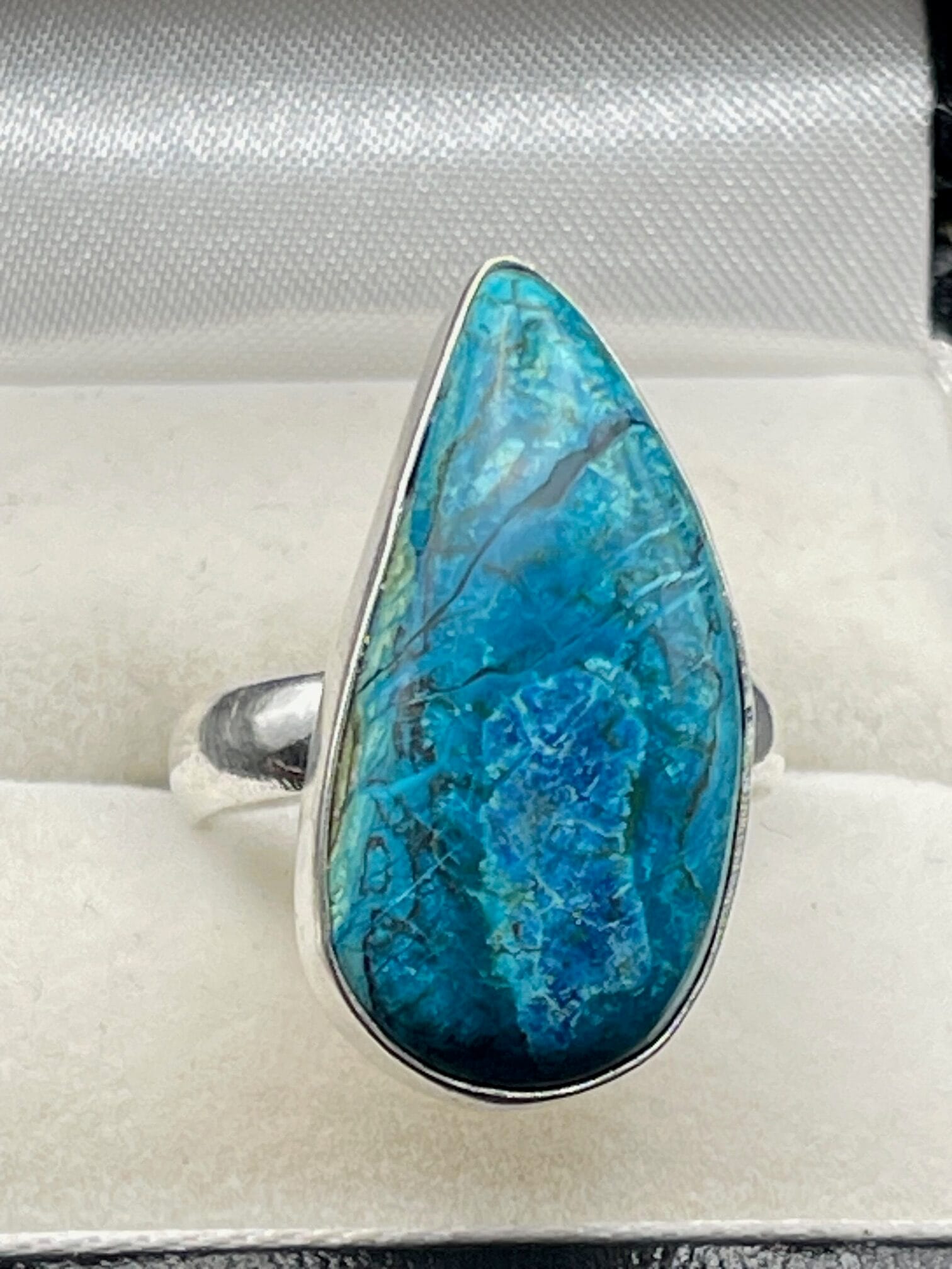 Chrysocolla in Handmade Silver Plated Ring Size US 9 UK S approx 3 rotated