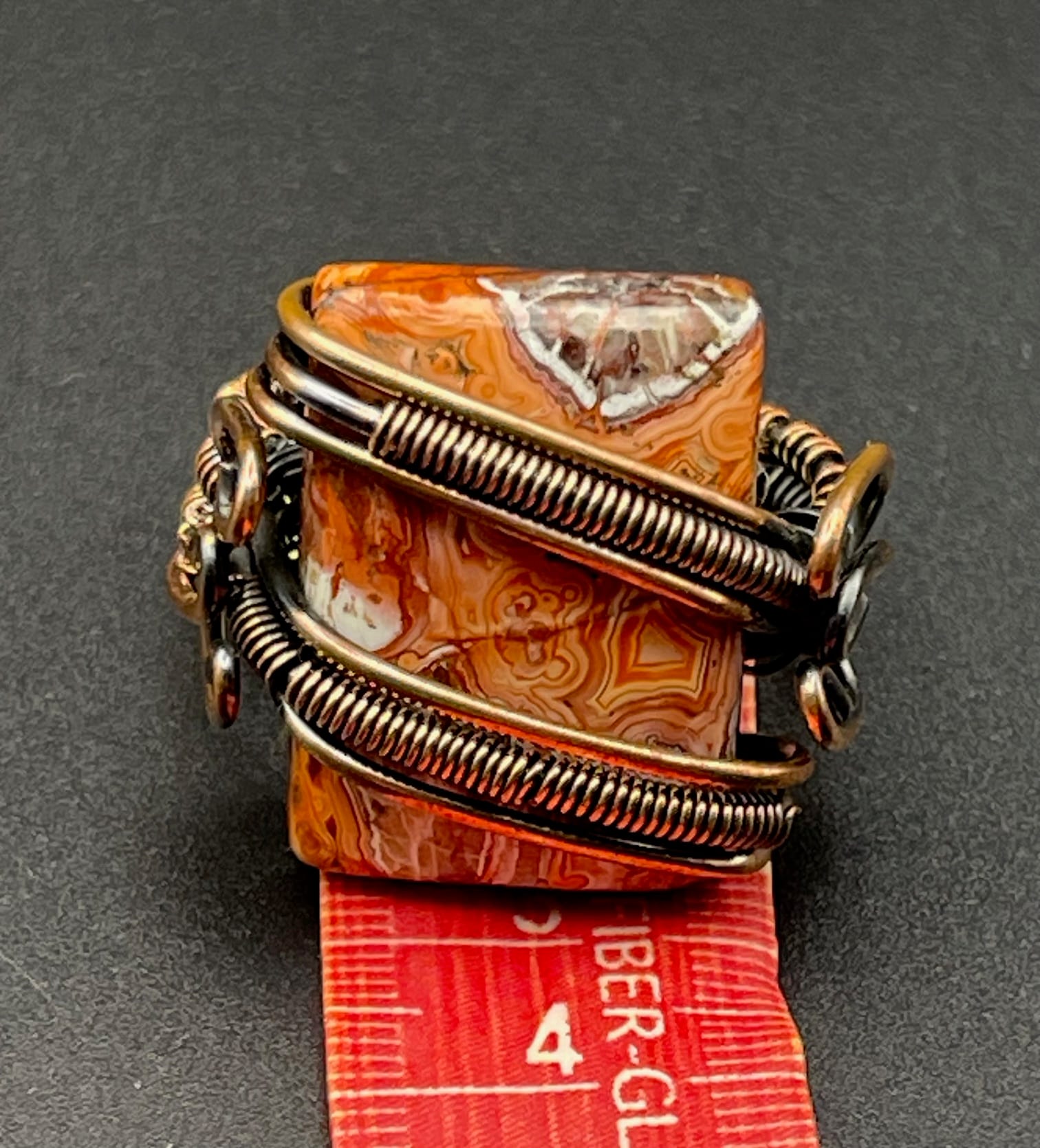 Copper Wire Ring with Crazy Lace Agate Approx Size 11.75 UK X 5 Agate Length Approx 3cms
