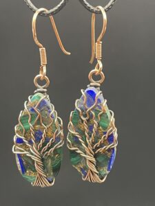 Hand-Wrapped Copper Wire Tree Of Life Earrings With Malachite & Lapis Lazuli