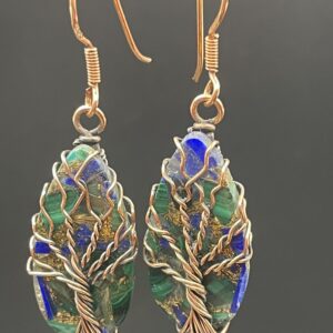 Hand-Wrapped Copper Wire Tree Of Life Earrings With Malachite & Lapis Lazuli