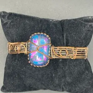 Hand-Wrapped Copper Wire Cuff Bracelet Featuring Dichroic Glass
