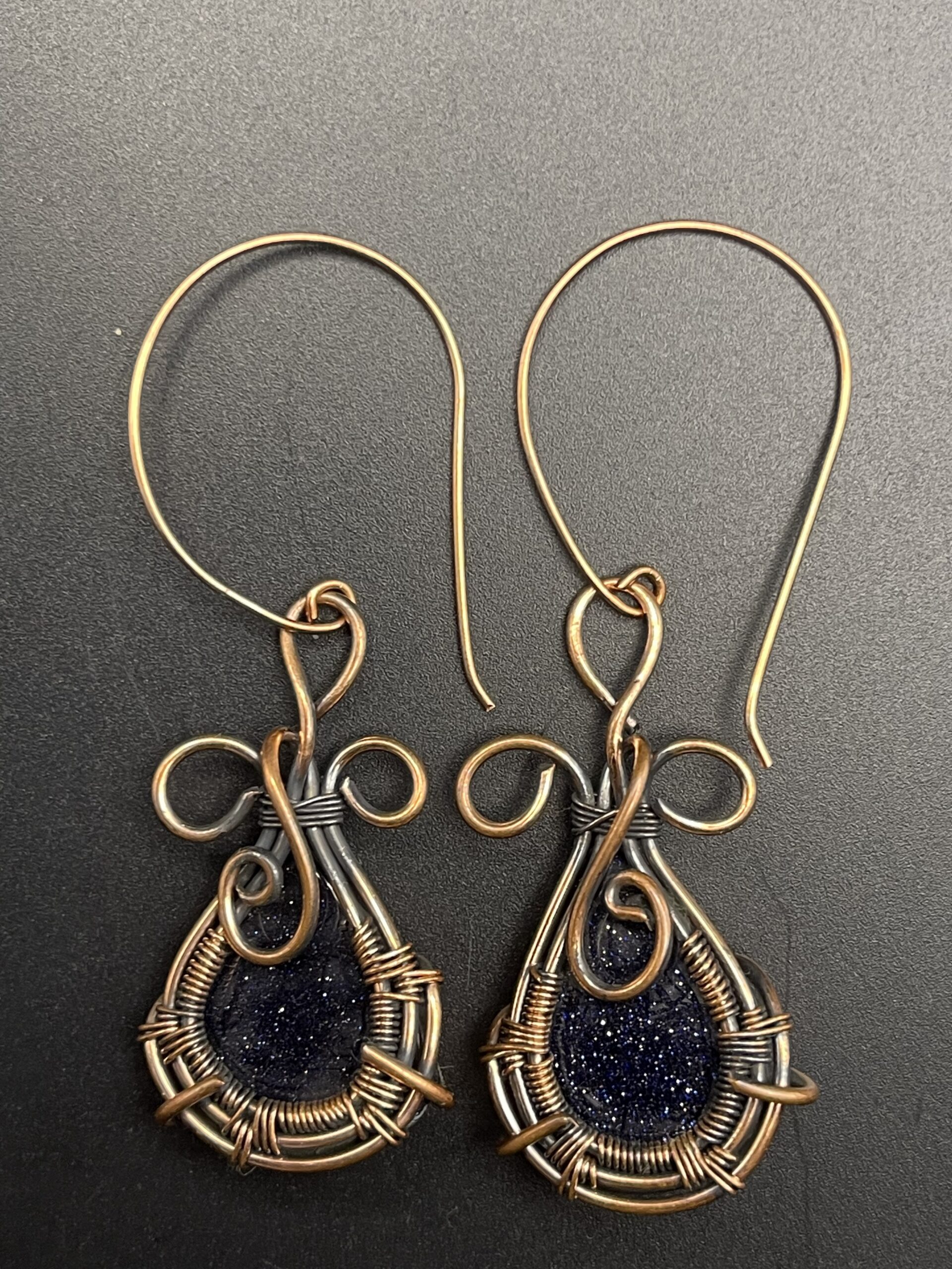 Blue Goldstone in Hand Wrapped Copper Wire Earrings