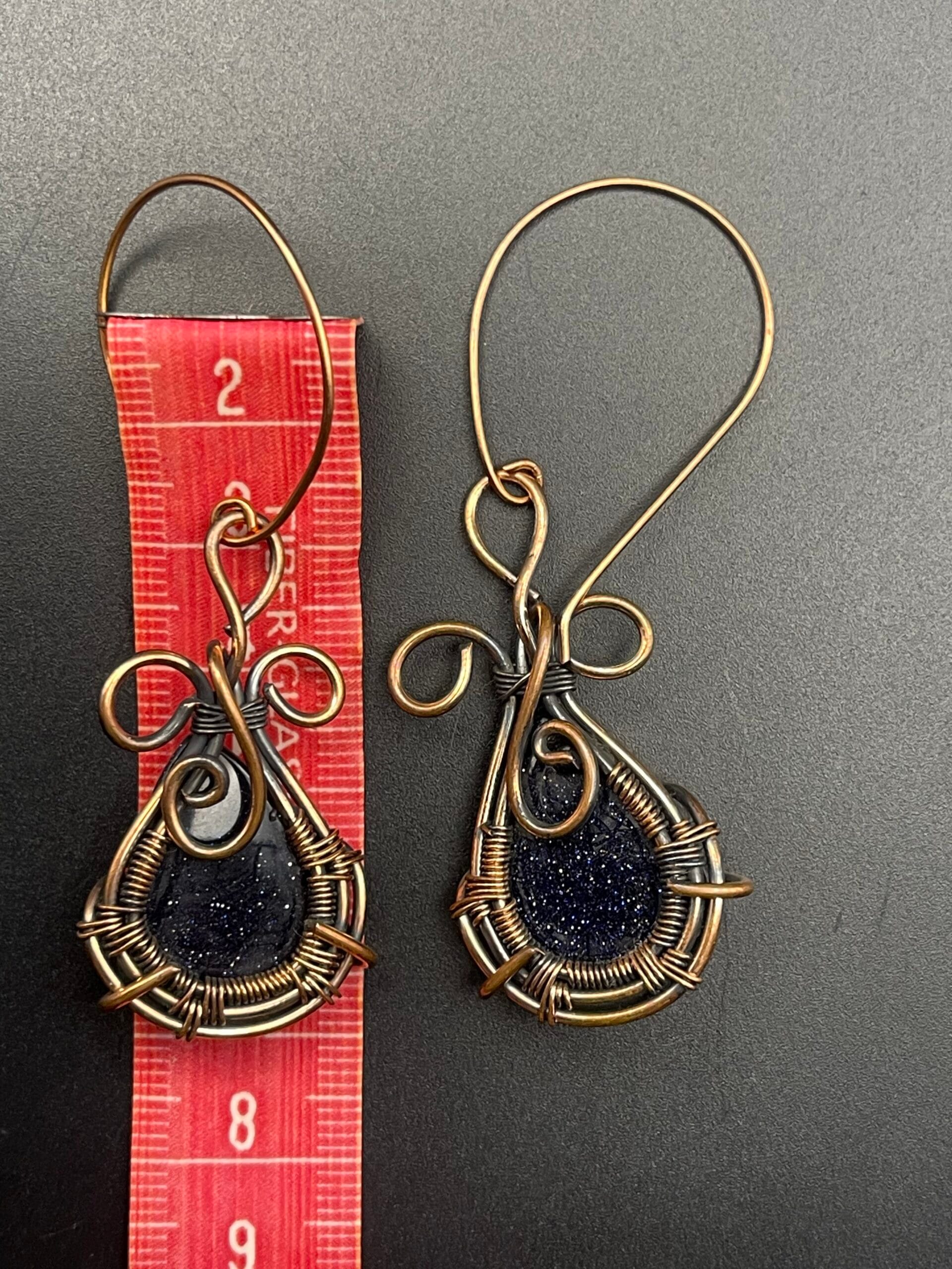 Hand Wrapped Copper Wire Earrings with Blue Goldstone 3 Earring Length Approx 7cms 3 inches scaled - Hand Wrapped Copper Wire Earrings with Blue Goldstone, 3, Earring Length Approx 7cms (3 inches) - Hand Wrapped Copper Wire Earrings with Blue Goldstone, 3, Earring Length Approx 7cms (3 inches) - AURORA ARTISAN JEWELLERY