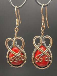 Hand-Wrapped Copper Wire Earrings With Red Coral