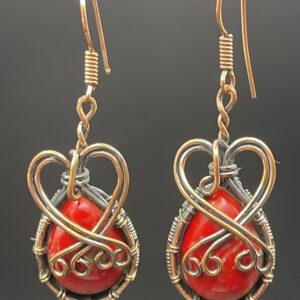 Hand-Wrapped Copper Wire Earrings With Red Coral