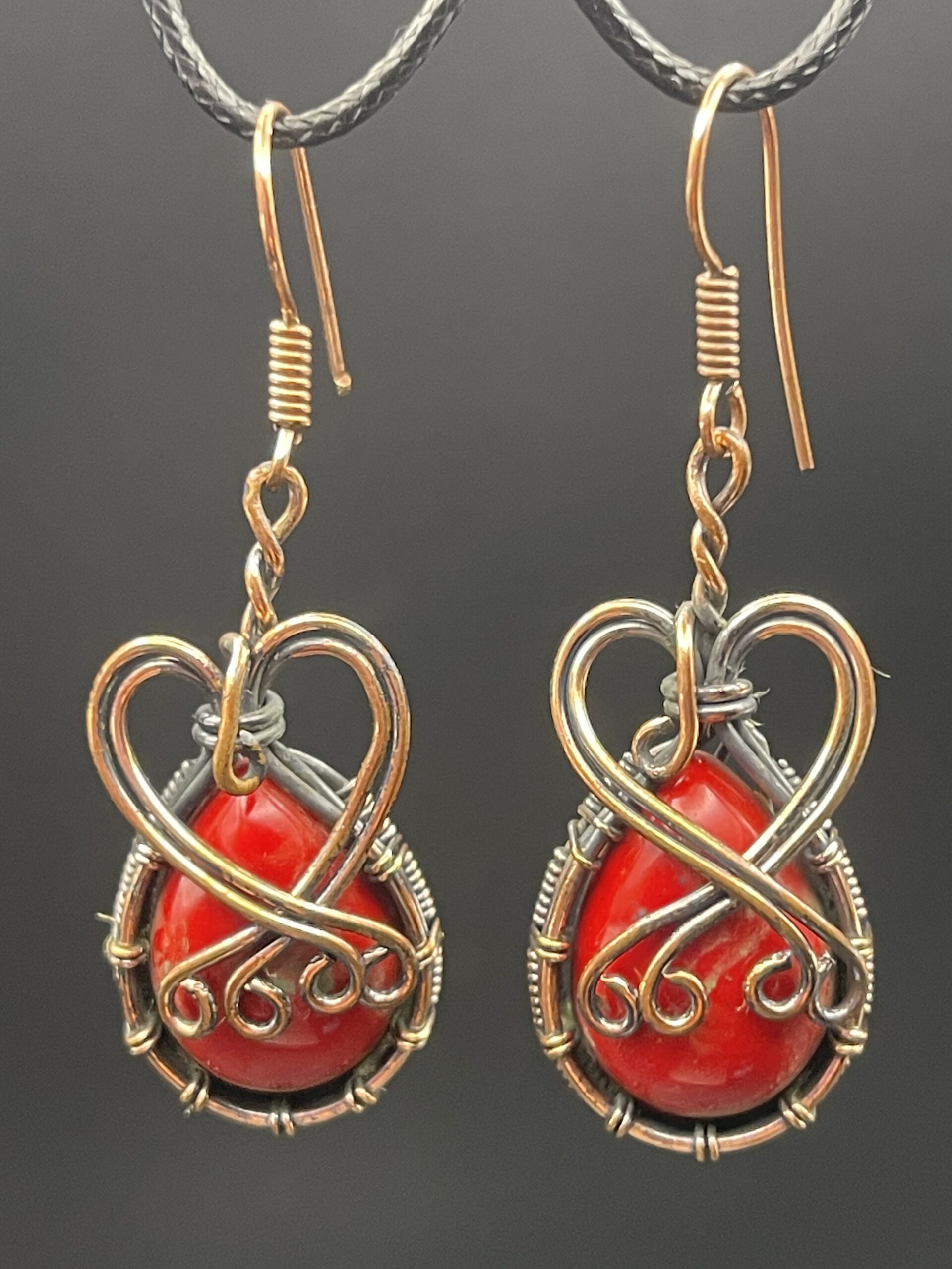 Hand-Wrapped Copper Wire Earrings With Red Coral
