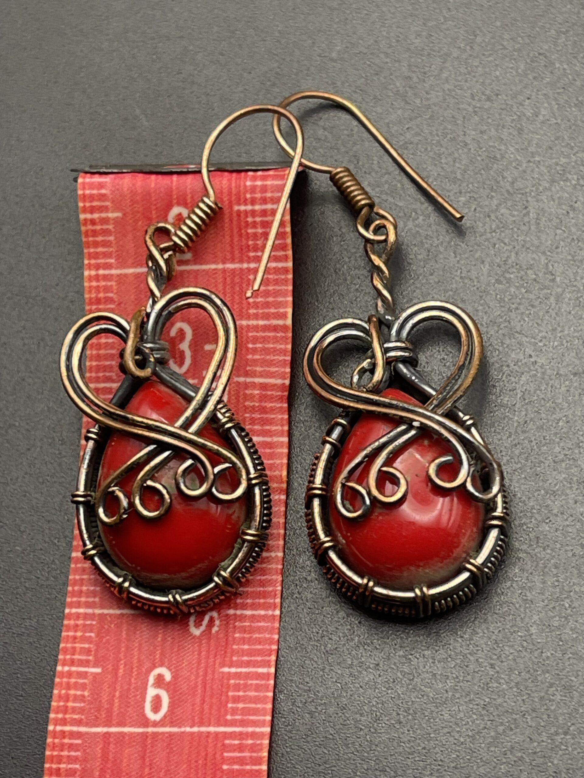Hand Wrapped Copper Wire Earrings with Red Coral 3. Earring Length Approx 5cms 2 inches 1 scaled - Hand Wrapped Copper Wire Earrings with Red Coral, 3. Earring Length Approx 5cms (2 inches) - Hand Wrapped Copper Wire Earrings with Red Coral, 3. Earring Length Approx 5cms (2 inches) - AURORA ARTISAN JEWELLERY