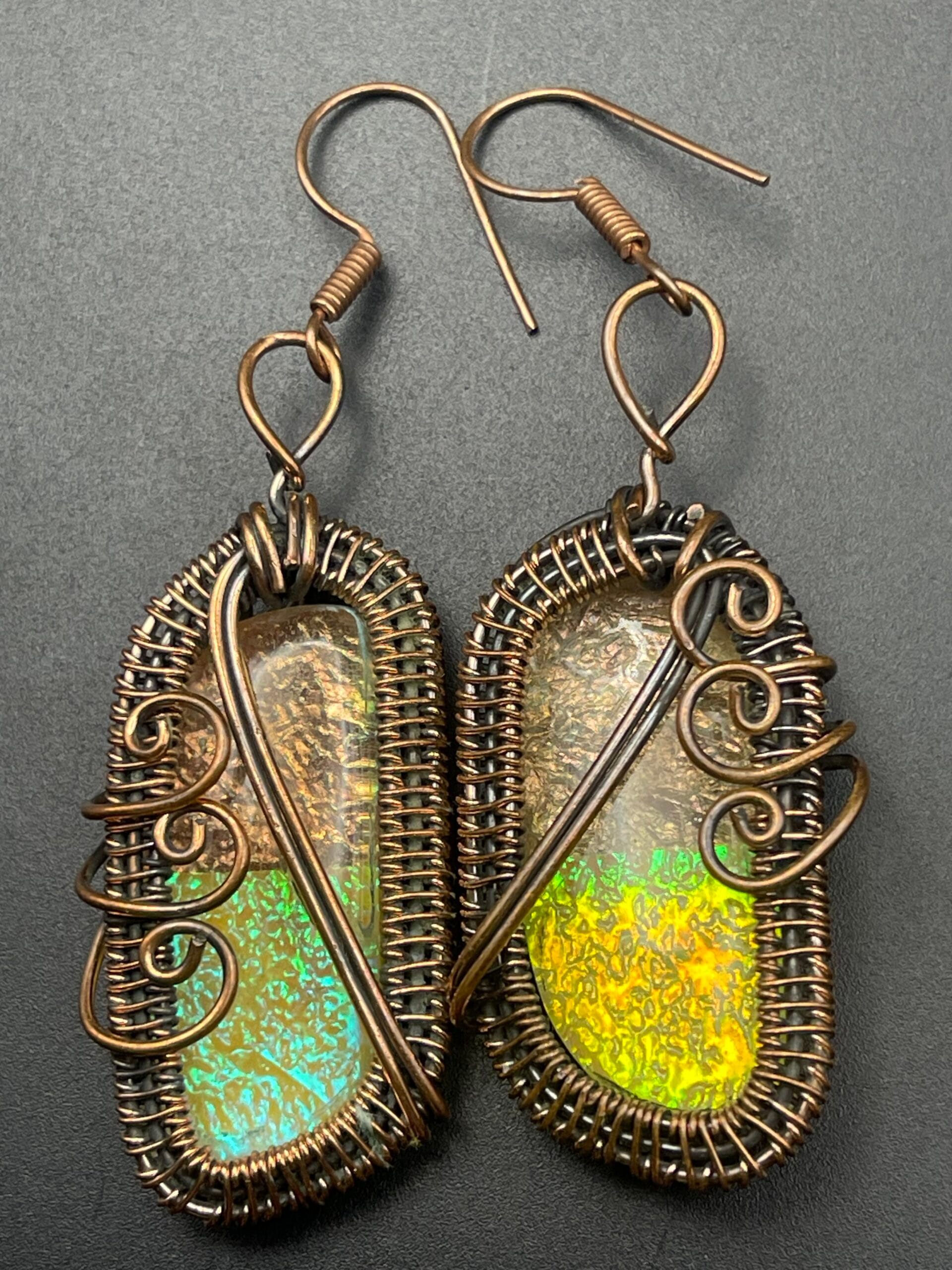 Hand Wrapped Copper Wire Earrings with Triplet Opal simulated 1 scaled - Hand Wrapped Copper Wire Earrings with Triplet Opal (simulated), 1 - Hand Wrapped Copper Wire Earrings with Triplet Opal (simulated), 1 - AURORA ARTISAN JEWELLERY