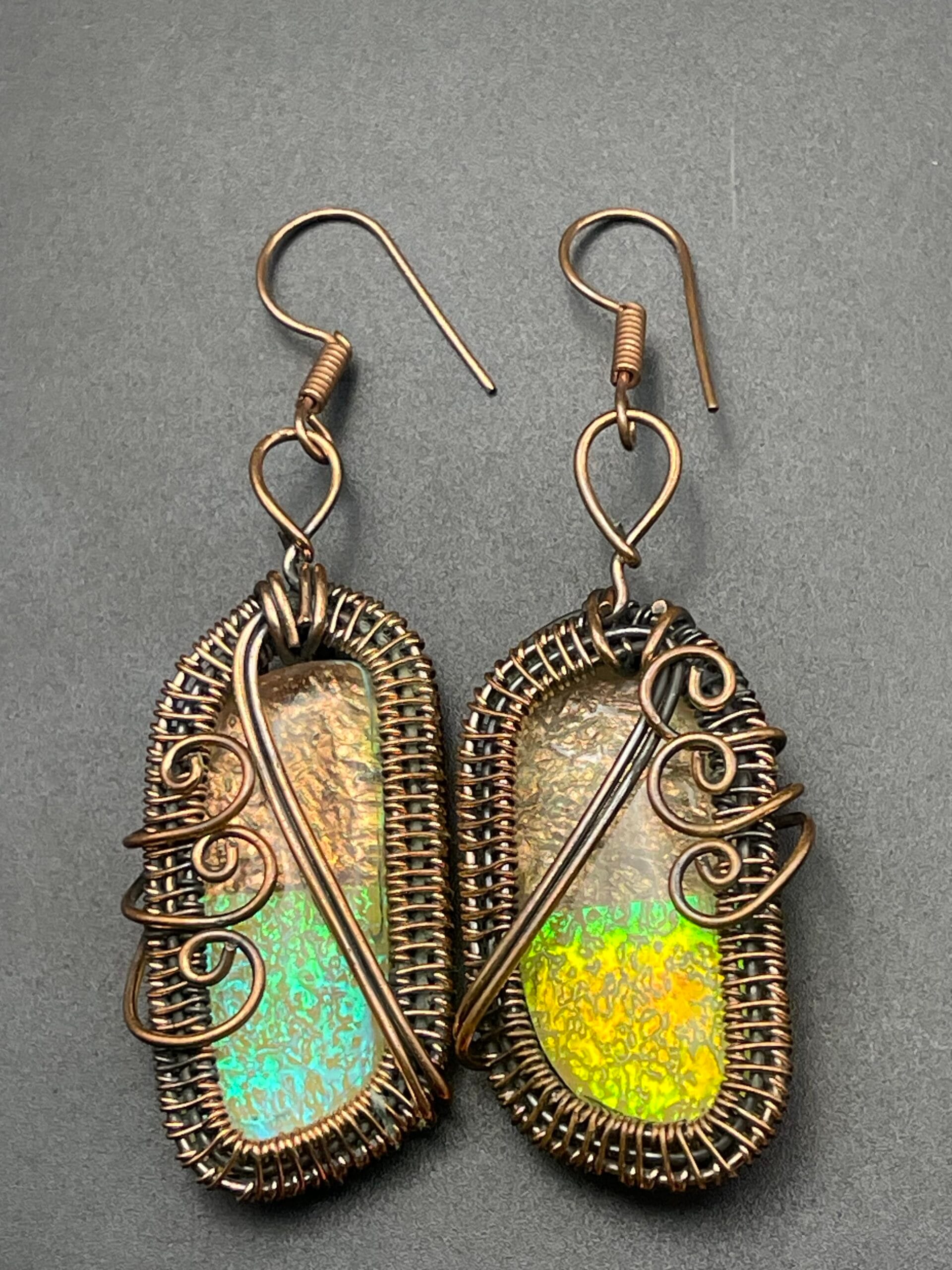 Hand Wrapped Copper Wire Earrings with Triplet Opal simulated 2 scaled - Hand Wrapped Copper Wire Earrings with Triplet Opal (simulated), 2 - Hand Wrapped Copper Wire Earrings with Triplet Opal (simulated), 2 - AURORA ARTISAN JEWELLERY