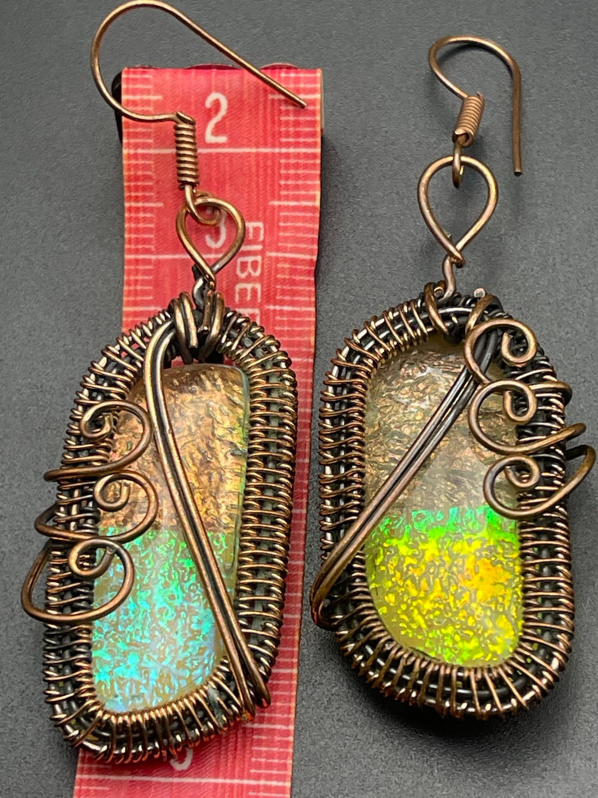 Hand Wrapped Copper Wire Earrings with Triplet Opal simulated 3 Earring Length Approx 7.5cms scaled - Hand Wrapped Copper Wire Earrings with Triplet Opal (simulated), 3, Earring Length Approx 7.5cms ( - Hand Wrapped Copper Wire Earrings with Triplet Opal (simulated), 3, Earring Length Approx 7.5cms ( - AURORA ARTISAN JEWELLERY