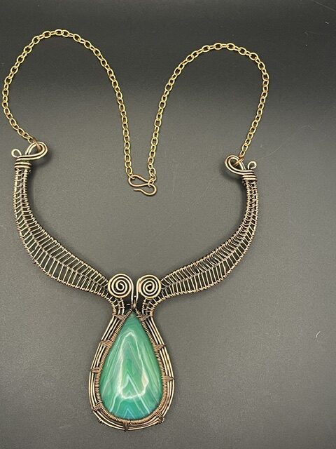 Hand-Wrapped Copper Wire Statement Necklace Featuring Green Agate