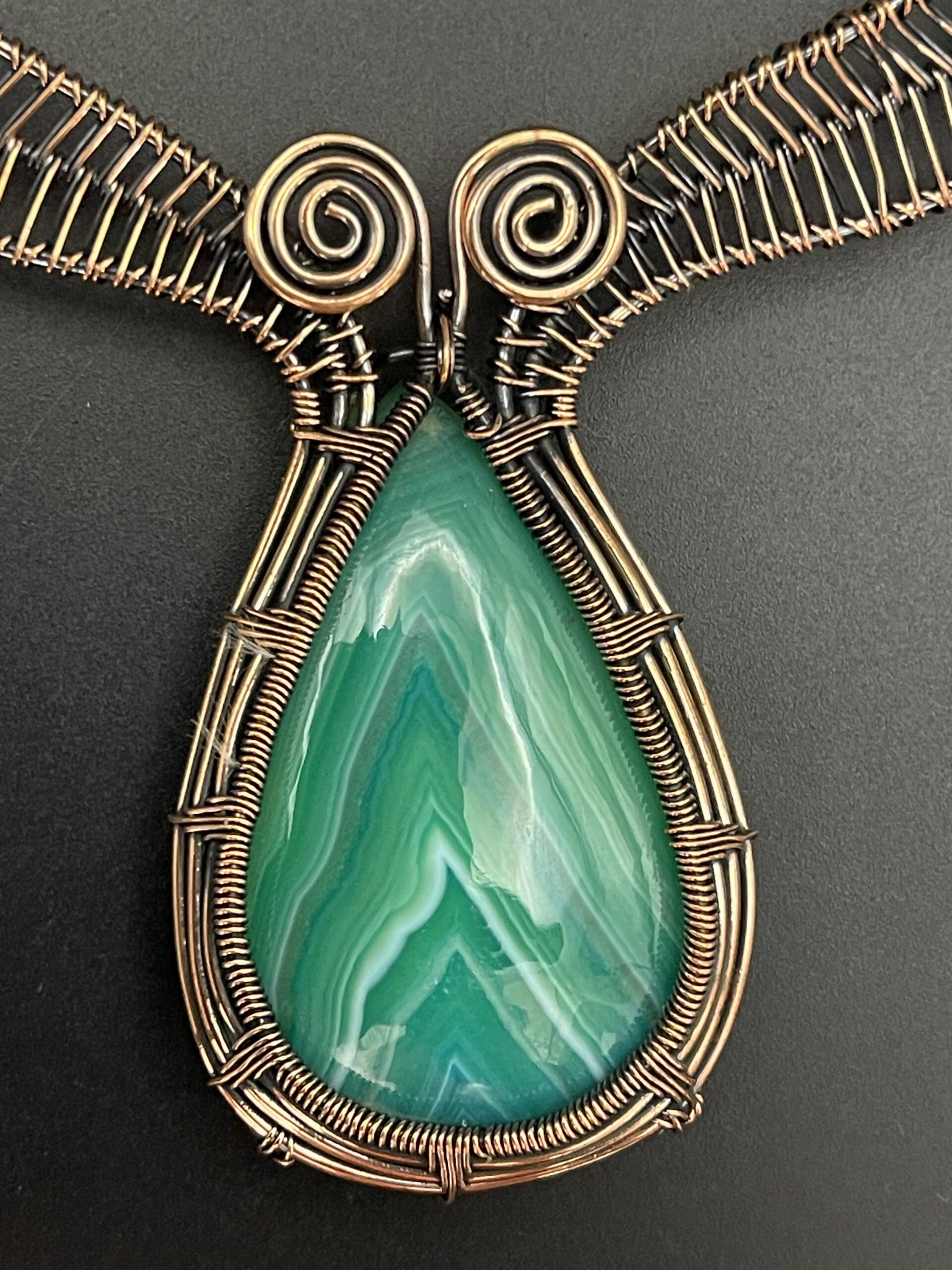 Hand Wrapped Copper Wire Necklace With Banded Agate Dyed Green 2 Agate Close Up scaled - Hand Wrapped Copper Wire Necklace With Banded Agate (Dyed Green), 2, Agate Close Up - Hand Wrapped Copper Wire Necklace With Banded Agate (Dyed Green), 2, Agate Close Up - AURORA ARTISAN JEWELLERY