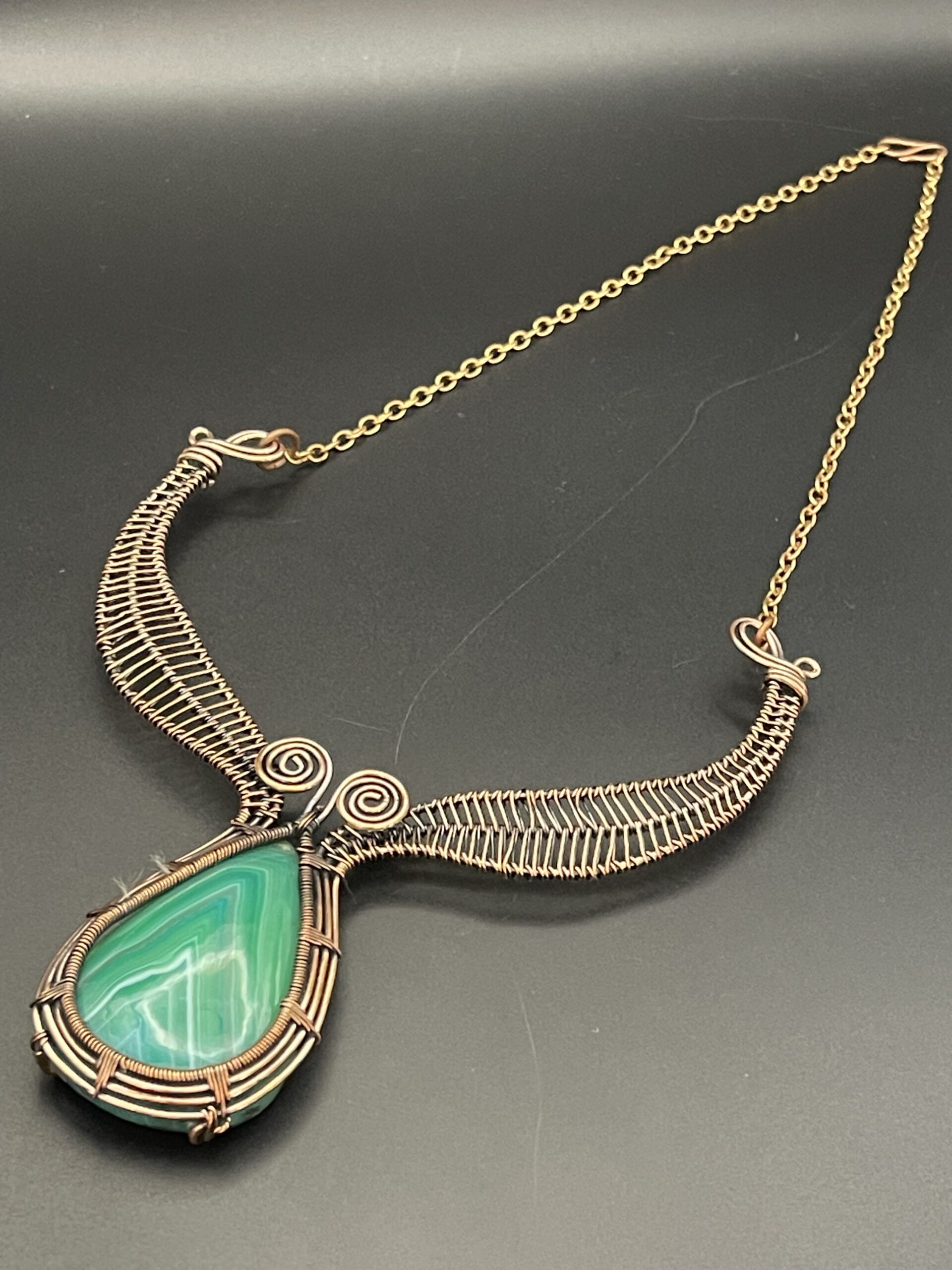 Hand-Wrapped Copper Wire Statement With Green Banded Agate
