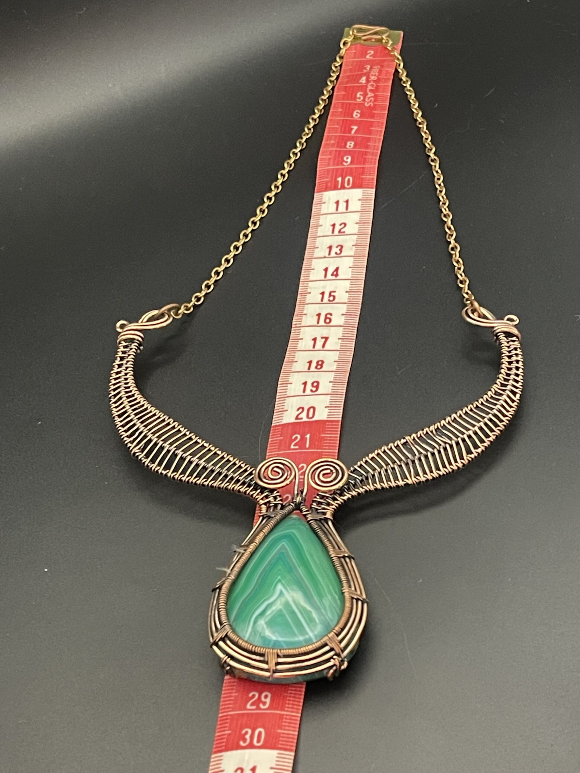 Hand Wrapped Copper Wire Necklace With Banded Agate Dyed Green 4 Necklace Length Approx 28cms 11 inches scaled - Hand Wrapped Copper Wire Necklace With Banded Agate (Dyed Green), 4, Necklace Length Approx 28cms (11 inches) - Hand Wrapped Copper Wire Necklace With Banded Agate (Dyed Green), 4, Necklace Length Approx 28cms (11 inches) - AURORA ARTISAN JEWELLERY