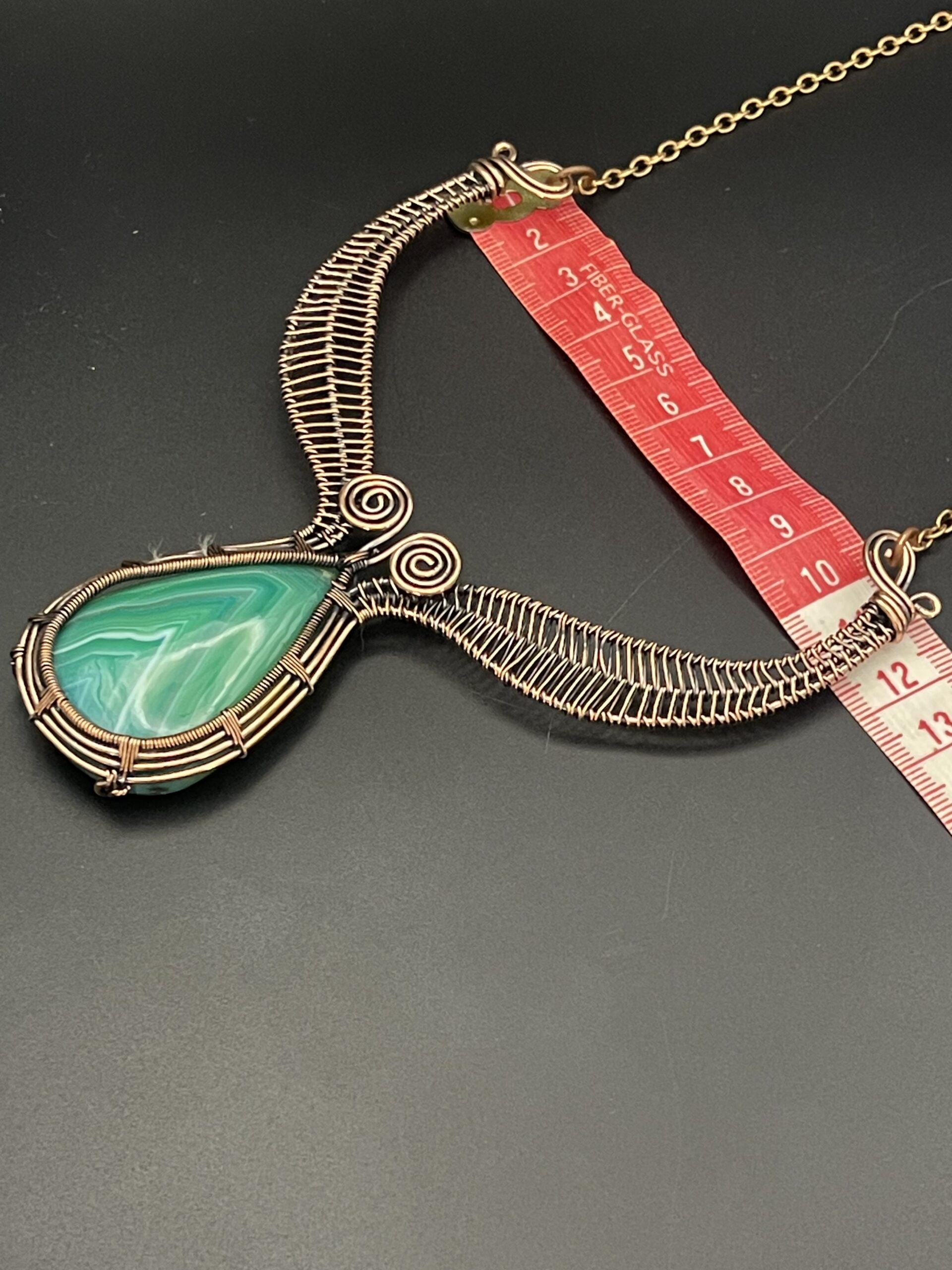 Hand Wrapped Copper Wire Necklace With Banded Agate Dyed Green 5 Necklace Width Approx 11cms 4 inches scaled - Hand Wrapped Copper Wire Necklace With Banded Agate (Dyed Green), 5, Necklace Width Approx 11cms (4 inches) - Hand Wrapped Copper Wire Necklace With Banded Agate (Dyed Green), 5, Necklace Width Approx 11cms (4 inches) - AURORA ARTISAN JEWELLERY