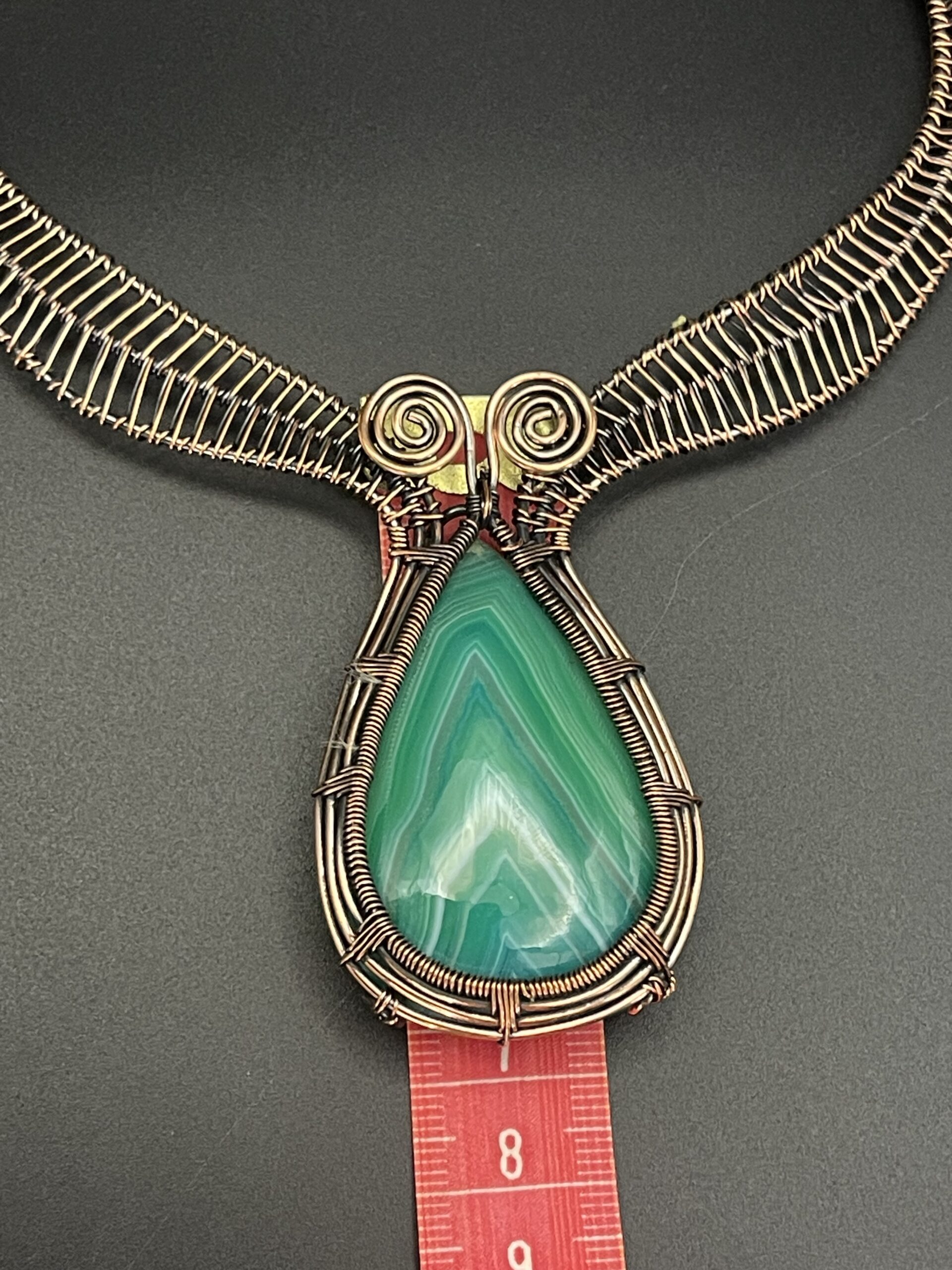 Hand Wrapped Copper Wire Necklace With Banded Agate Dyed Green 6 Agate Length Approx 7 cms 2.5 inches scaled - Hand Wrapped Copper Wire Necklace With Banded Agate (Dyed Green), 6, Agate Length Approx 7 cms (2.5 inches) - Hand Wrapped Copper Wire Necklace With Banded Agate (Dyed Green), 6, Agate Length Approx 7 cms (2.5 inches) - AURORA ARTISAN JEWELLERY