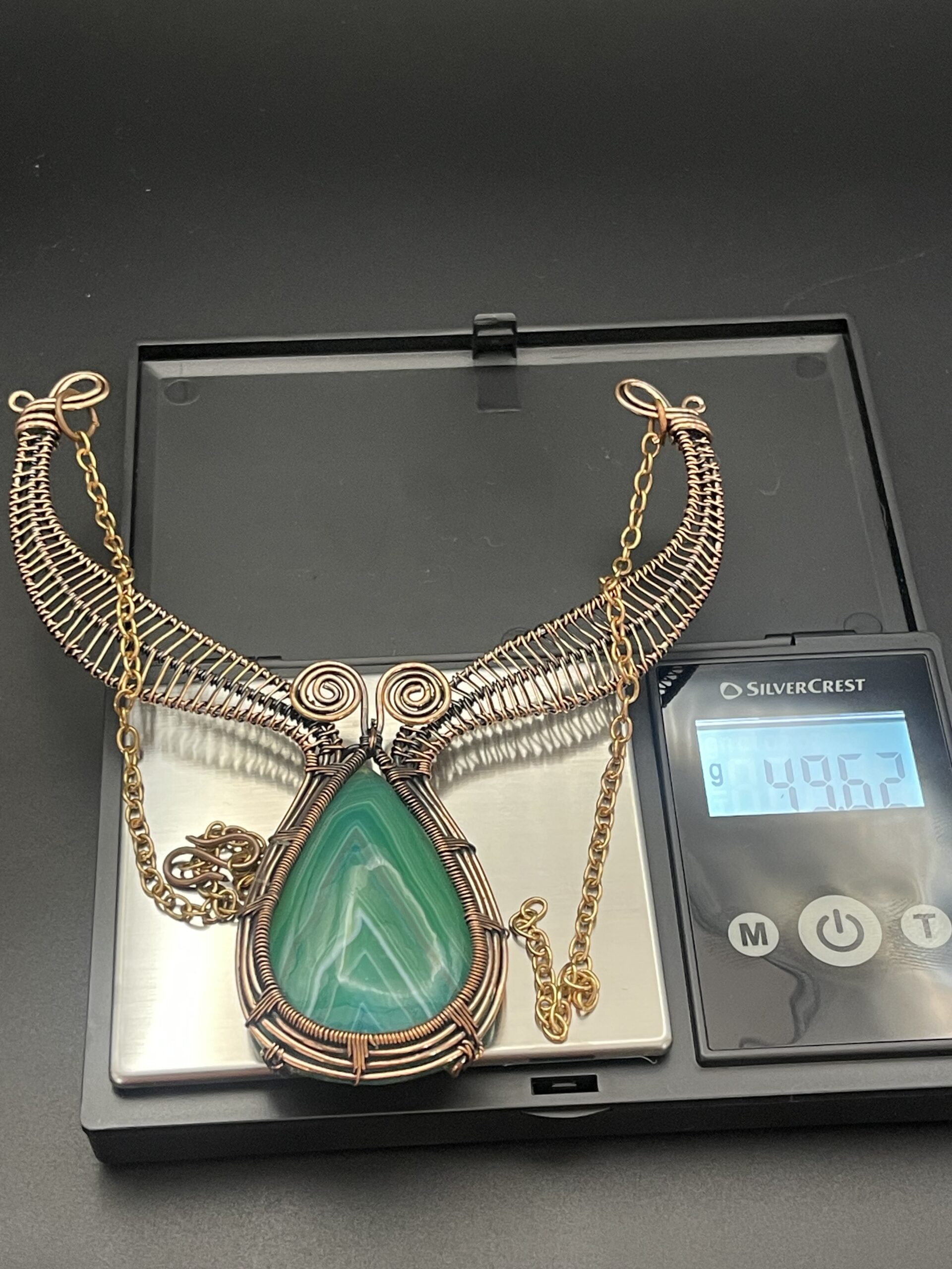 Hand Wrapped Copper Wire Necklace With Banded Agate Dyed Green 7 Weight Approx 50 grams scaled - Hand Wrapped Copper Wire Necklace With Banded Agate (Dyed Green), 7, Weight Approx 50 grams - Hand Wrapped Copper Wire Necklace With Banded Agate (Dyed Green), 7, Weight Approx 50 grams - AURORA ARTISAN JEWELLERY