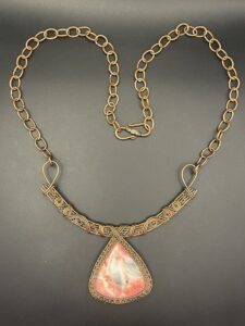 Hand-Wrapped Copper Wire Statement Necklace Featuring Pink Dendritic Opal