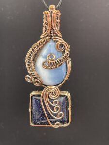Hand-Wrapped Copper Wire Pendant With Owyhee Opal and Glittering Blue Goldstone