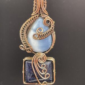Hand-Wrapped Copper Wire Pendant With Owyhee Opal and Glittering Blue Goldstone