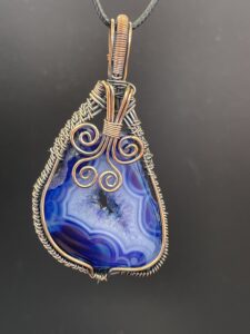 Hand Wrapped Copper Wire Pendant Featuring Dark Blue Solar Agate With Sparkling Drusy Centre