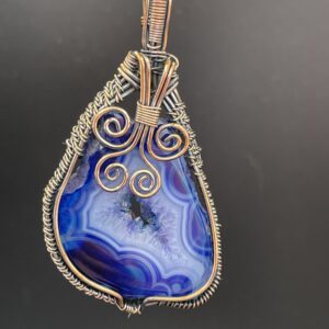 Hand Wrapped Copper Wire Pendant Featuring Dark Blue Solar Agate With Sparkling Drusy Centre