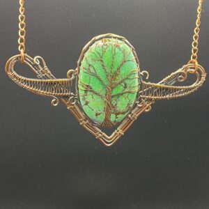 Hand-Wrapped Copper Wire Tree of Life Statement Necklace Featuring Green Magnesite
