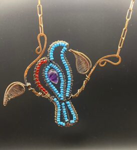Hand Crafted Copper Bird on a branch Statement Necklace With Amethyst, Turquoise Beads & Red Glass Beads