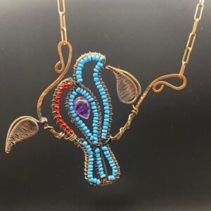 Hand Crafted Copper Bird on a branch Statement Necklace With Amethyst, Turquoise Beads & Red Glass Beads
