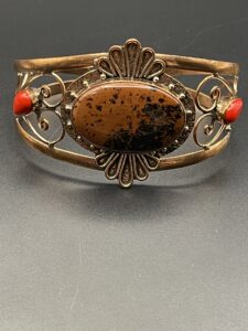 Handmade Pure Copper Cuff Bangle With Mahogany Obsidian & Red Coral