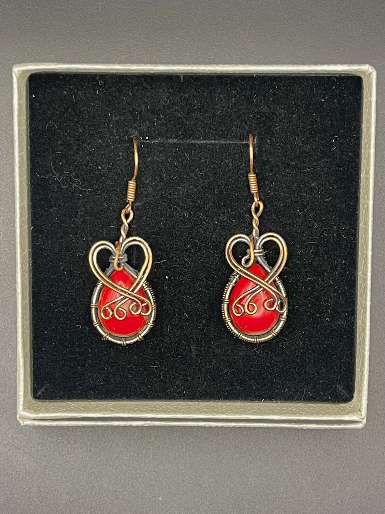 Red Coral in Hand Wrapped Copper Wire Earrings