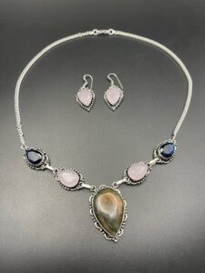 LABRADORITE & ROSE CHALCEDONY NECKLACE & EARRING SET - HANDMADE IN SILVER PLATED COPPER