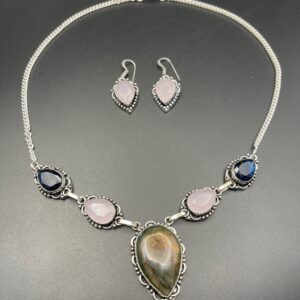 LABRADORITE & ROSE CHALCEDONY NECKLACE & EARRING SET - HANDMADE IN SILVER PLATED COPPER
