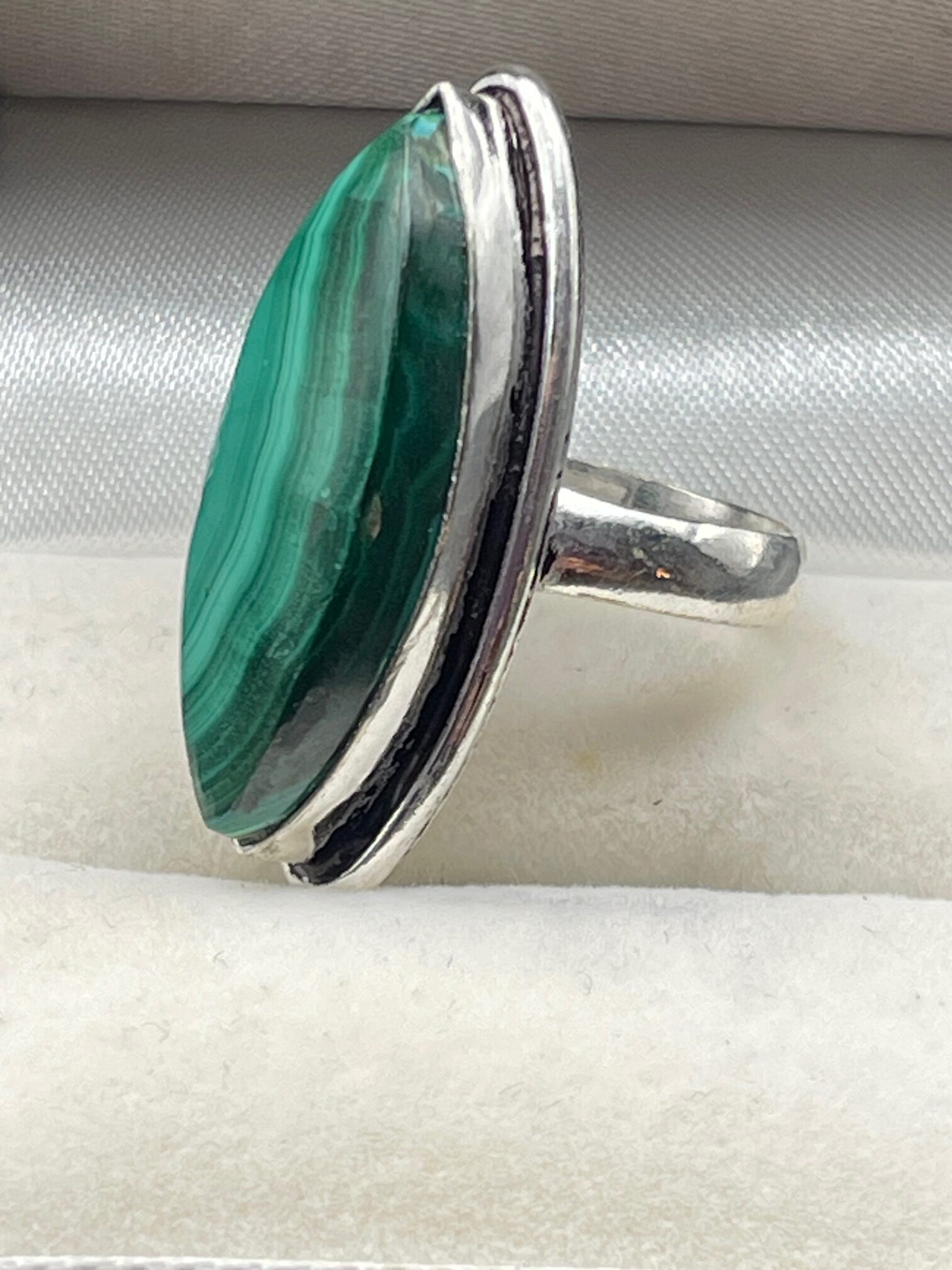 Malachite in Handmade Silver Plated Ring Size US 6 UK M approx 3 Side 1 rotated - Malachite in Handmade Silver Plated Ring, Size US 6 & UK M approx, 3, Side 1 - Malachite in Handmade Silver Plated Ring, Size US 6 & UK M approx, 3, Side 1 - AURORA ARTISAN JEWELLERY