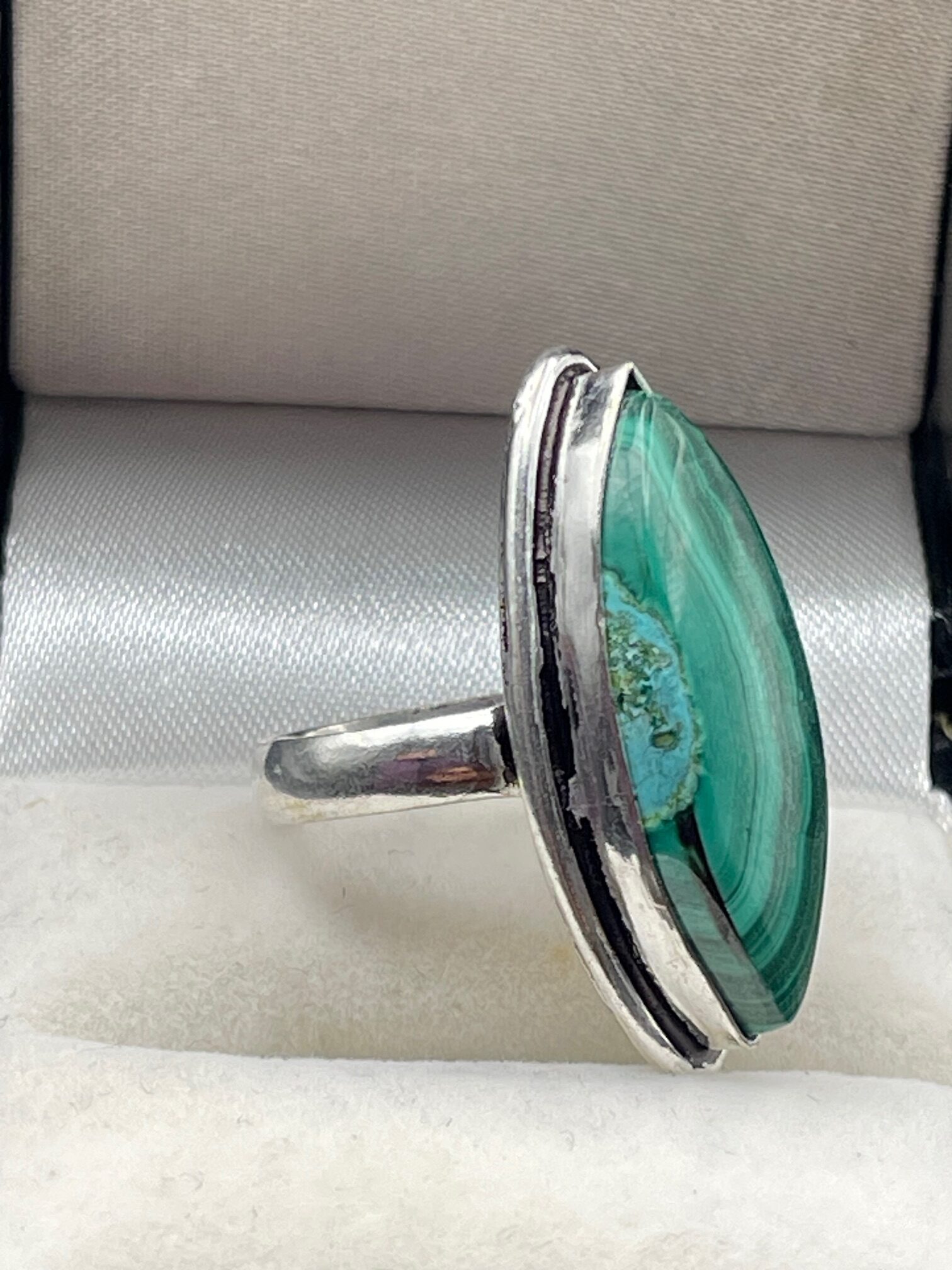 Malachite in Handmade Silver Plated Ring Size US 6 UK M approx 4 Side 2 rotated - Malachite in Handmade Silver Plated Ring, Size US 6 & UK M approx, 4, Side 2 - Malachite in Handmade Silver Plated Ring, Size US 6 & UK M approx, 4, Side 2 - AURORA ARTISAN JEWELLERY