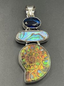 Ammonite Fossil & Abalone Shell in Handmade Pendant
