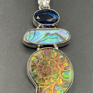 Ammonite Fossil & Abalone Shell in Handmade Pendant