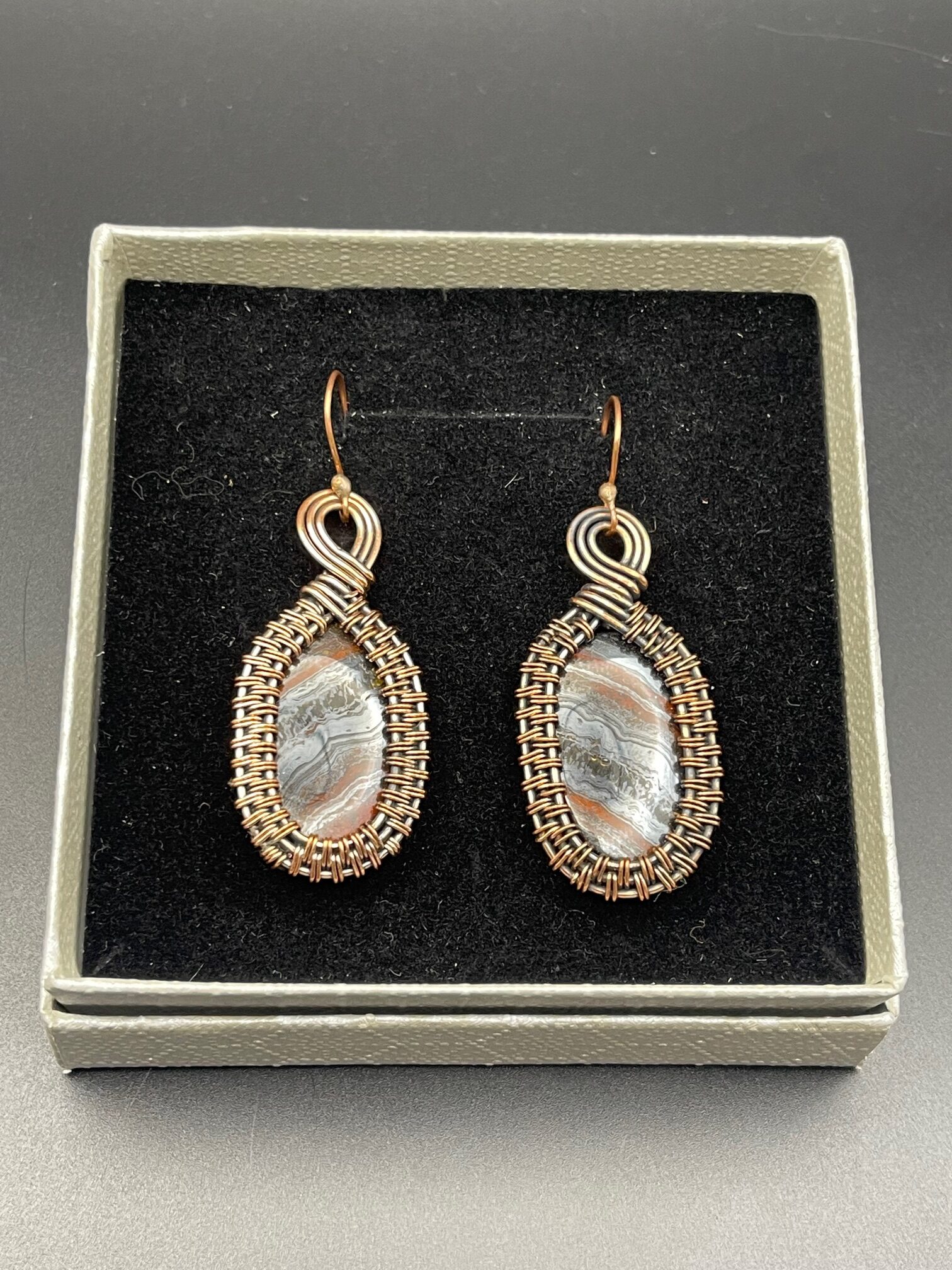 Iron Tigers Eye in Copper Wire Earrings 2 in Box rotated - Iron Tiger's Eye in Copper Wire Earrings, 2 in Box - Iron Tiger’s Eye in Copper Wire Earrings, 2 in Box - AURORA ARTISAN JEWELLERY