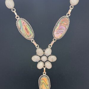 Beautiful iridescent abalone shell and rainbow moonstone with a captivating blue flash set in a handmade silver plated necklace.