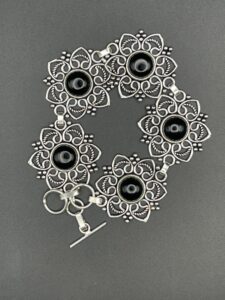 Black Onyx in Handmade Silver Plated Flower Bracelet