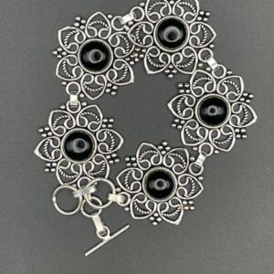 Black Onyx in Handmade Silver Plated Flower Bracelet