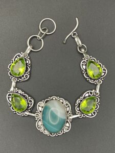 Botswana Agate & Peridot in Handmade Silver Plated Bracelet