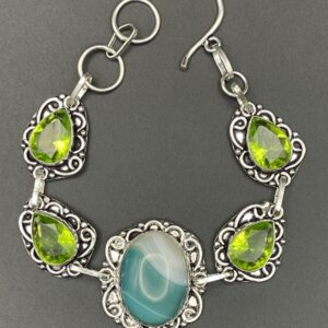 Botswana Agate & Peridot in Handmade Silver Plated Bracelet