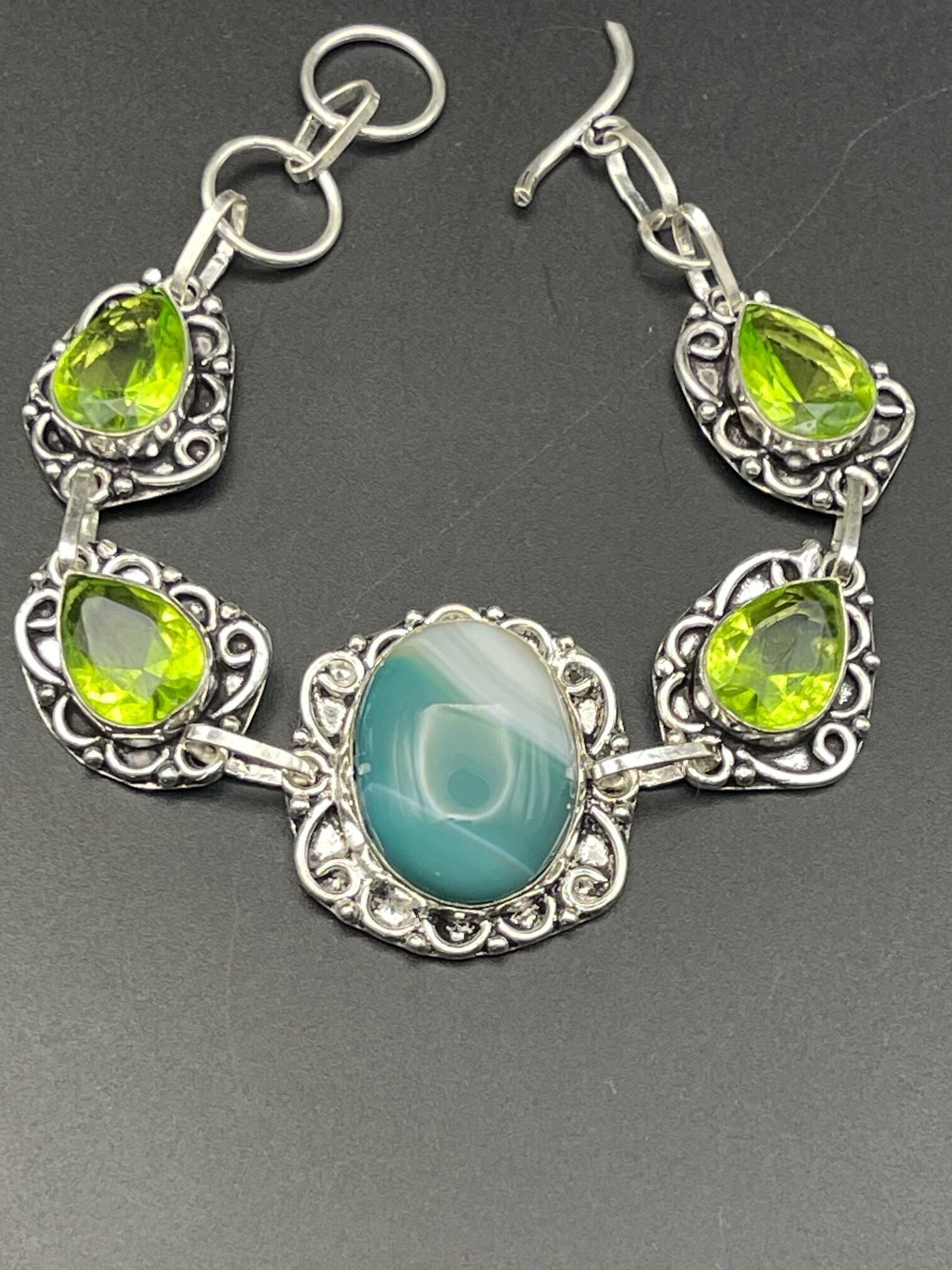 Botswana Agate Peridot in Handmade Silver Plated Bracelet 2 rotated - Botswana Agate & Peridot in Handmade Silver Plated Bracelet, 2 - Botswana Agate & Peridot in Handmade Silver Plated Bracelet, 2 - AURORA ARTISAN JEWELLERY