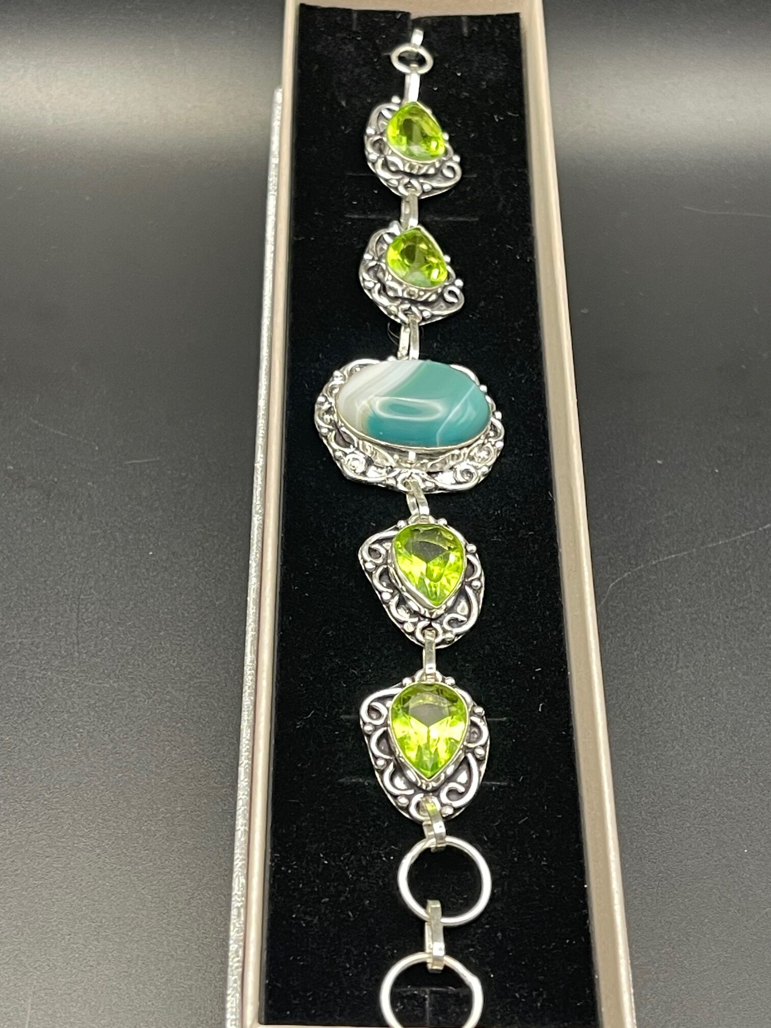 Botswana Agate Peridot in Handmade Silver Plated Bracelet 5 in Rectangular Box rotated - Botswana Agate & Peridot in Handmade Silver Plated Bracelet, 5 in Rectangular Box - Botswana Agate & Peridot in Handmade Silver Plated Bracelet, 5 in Rectangular Box - AURORA ARTISAN JEWELLERY