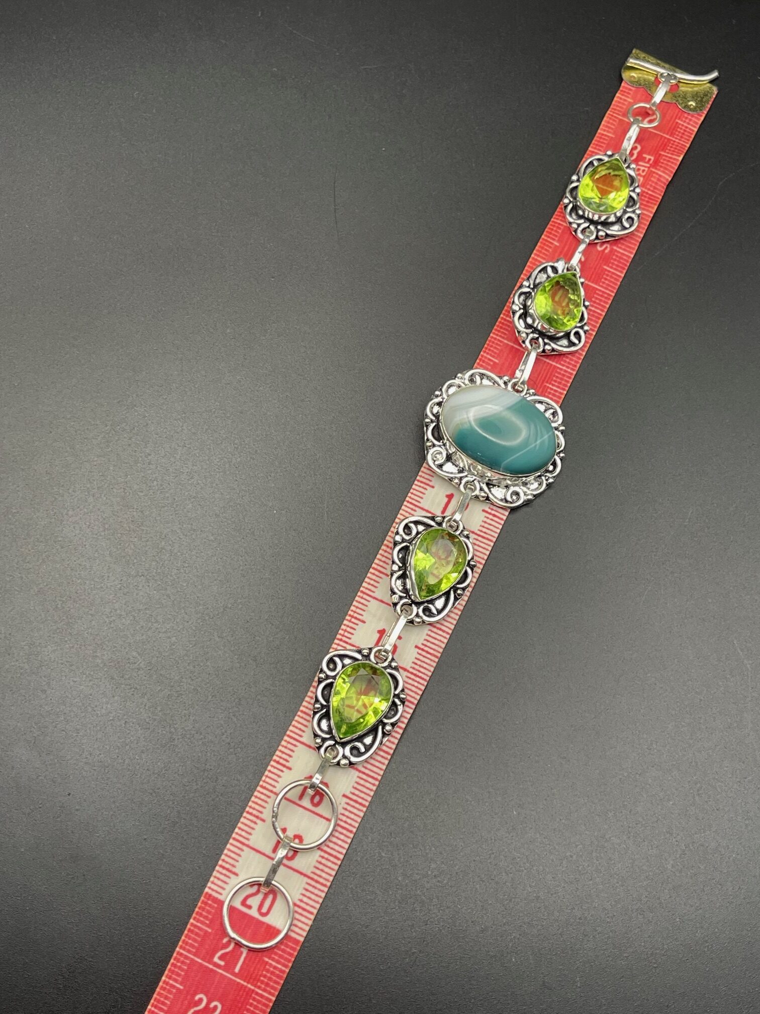 Botswana Agate Peridot in Handmade Silver Plated Bracelet 6 Length Approx 20cms 8 inches rotated - Botswana Agate & Peridot in Handmade Silver Plated Bracelet, 6, Length Approx 20cms (8 inches) - Botswana Agate & Peridot in Handmade Silver Plated Bracelet, 6, Length Approx 20cms (8 inches) - AURORA ARTISAN JEWELLERY