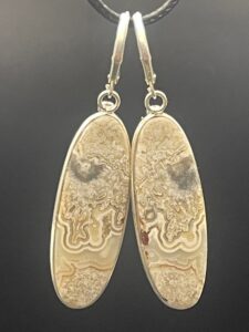 Crazy lace agate with intricate swirling patterns in elegant handmade silver plated drop earrings with snap closure hooks