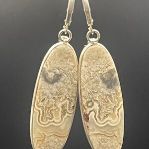 Crazy lace agate with intricate swirling patterns in elegant handmade silver plated drop earrings with snap closure hooks